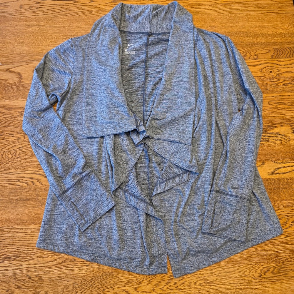 Nike S Dri-FIT Womens Heather Grey Waterfall Yoga Cardigan Long Sleeve Thumbhole
